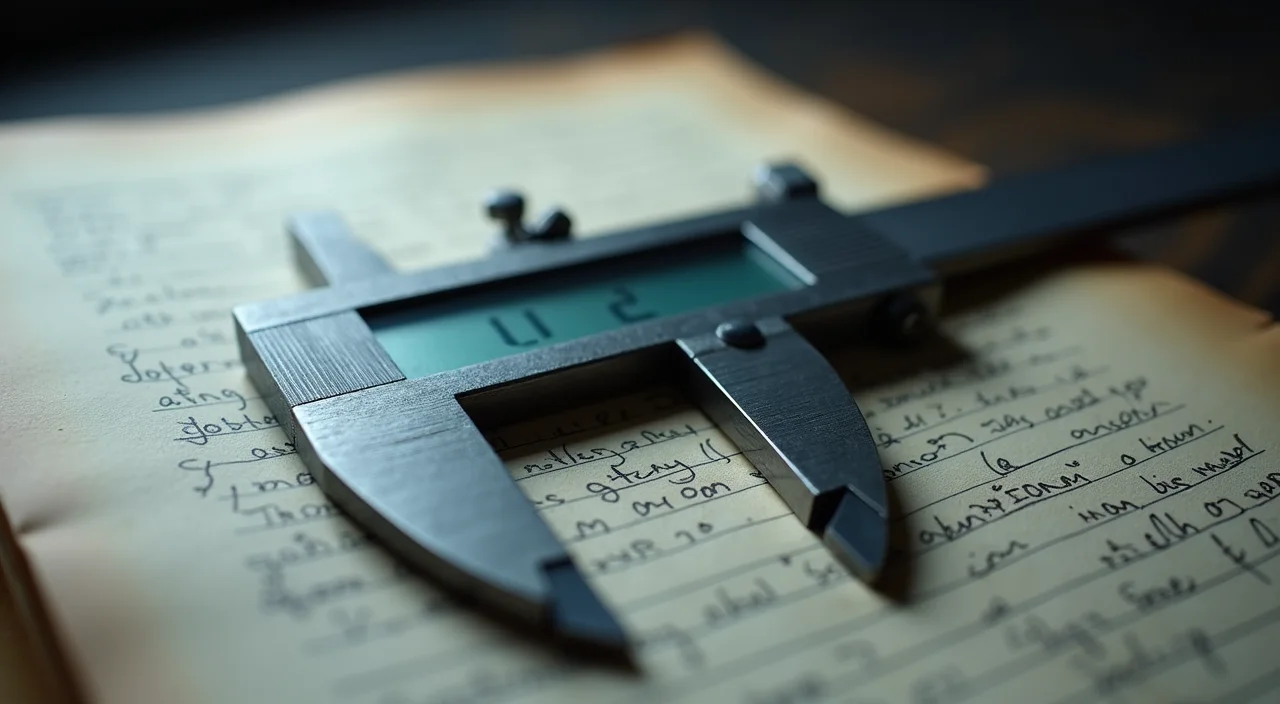 A precision caliper gauge measuring the gap between a ledger page, symbolizing the analysis of compatibility risks in enterprise database migration.