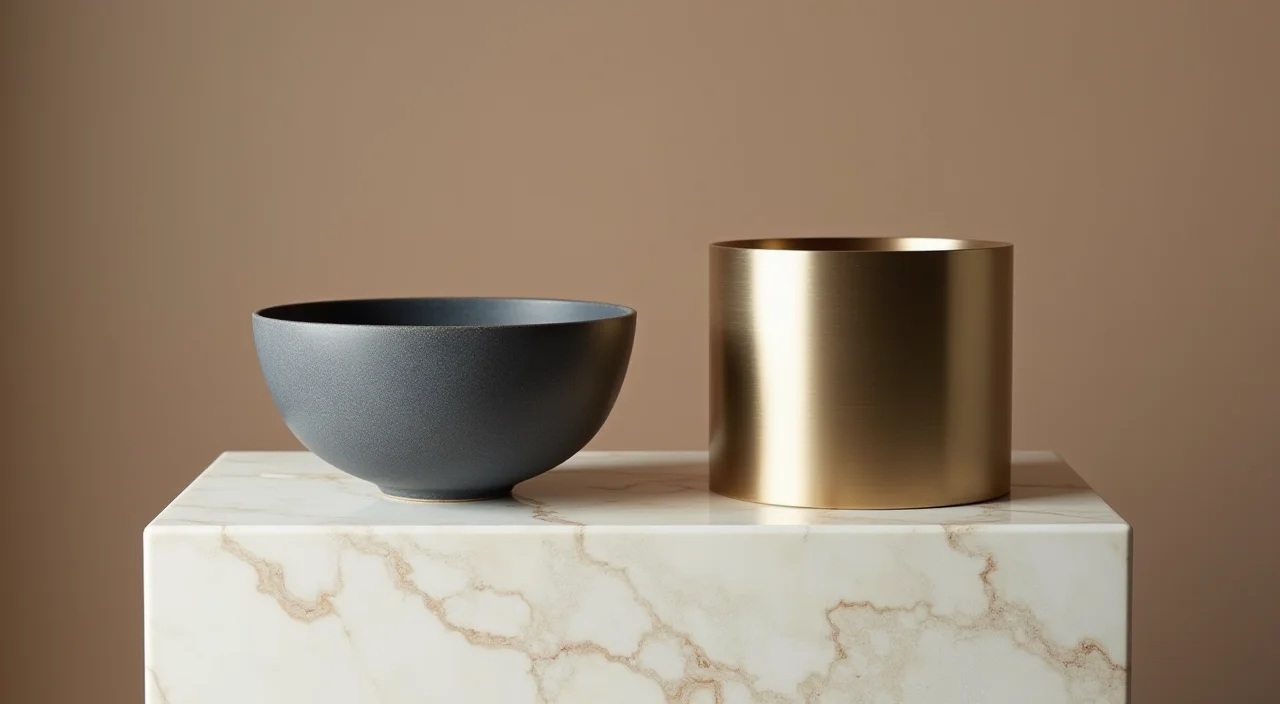 Comparison of ceramic bowl and brushed metal cylinder on marble plinth representing Oracle migration alternatives