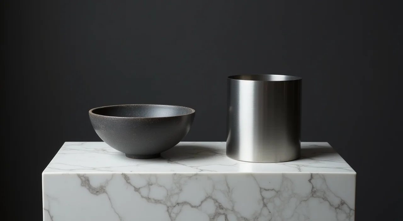 Ceramic bowl and brushed metal cylinder displayed side by side on a marble plinth, representing Oracle compatibility assessment comparison