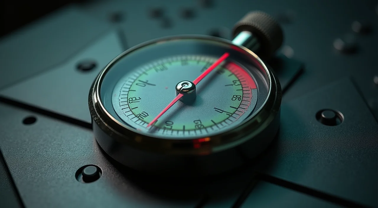 A precision industrial calibration gauge with dual scales representing risk and cost trade-offs, symbolizing the evaluation framework for selecting commercial Oracle alternatives.