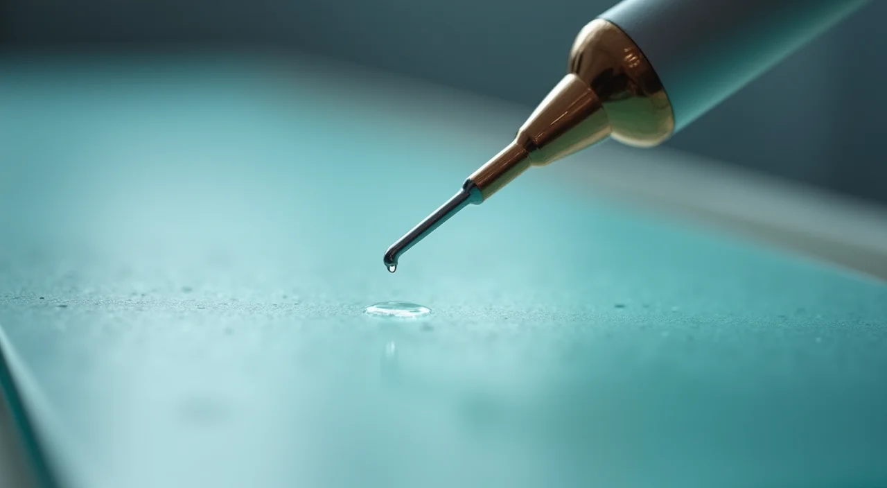 Close-up of a brass medical probe hovering over a frosted glass surface, symbolizing technical diagnosis