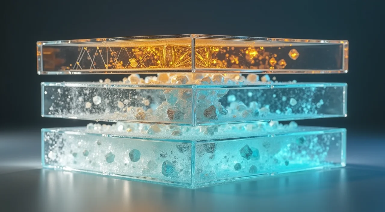Four distinct translucent glass layers stacked vertically with internal geometric and organic structures, representing the technical architecture of database compatibility.