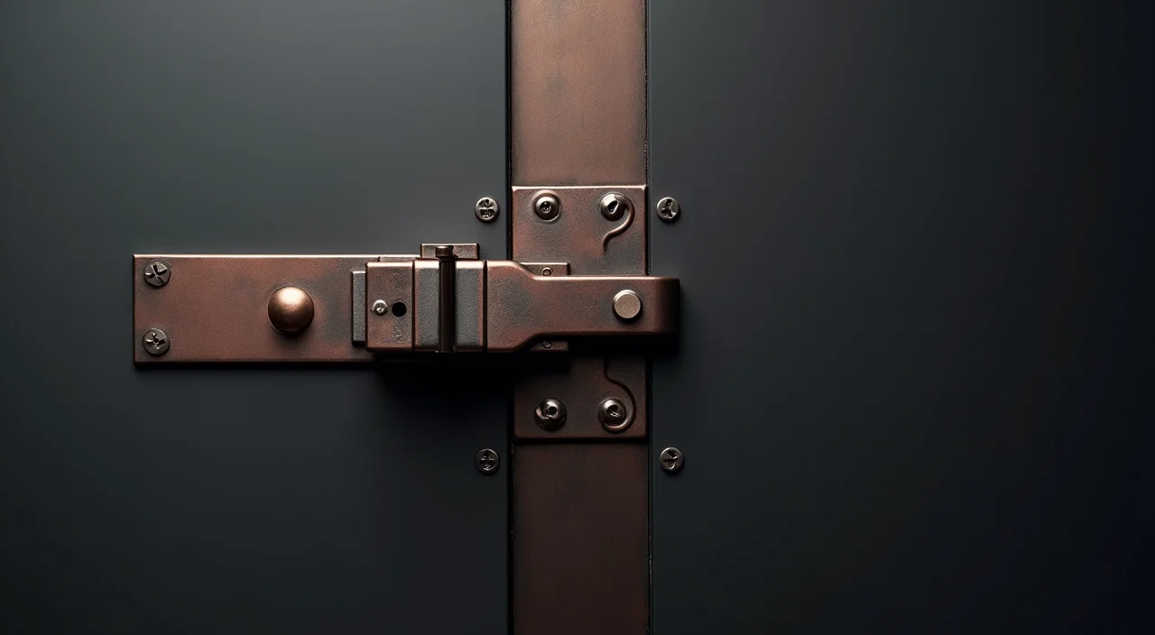 A close-up of a heavy industrial steel safety latch engaged with a plate, representing a secure rollback boundary for database migration.