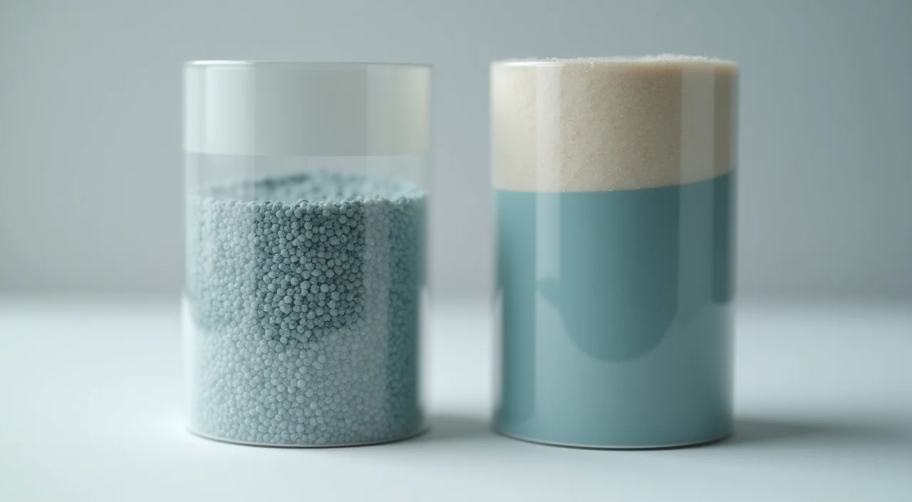 Two identical matte acrylic cylinders filled with graphite powder to different levels, representing data volume comparison for zero-downtime migration proof