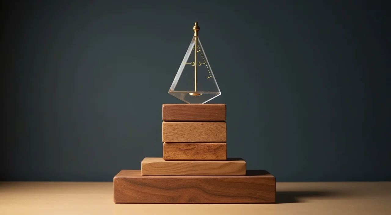 Stacked brass tolerance gauge blocks on a walnut surface representing a structured evaluation framework for enterprise database selection