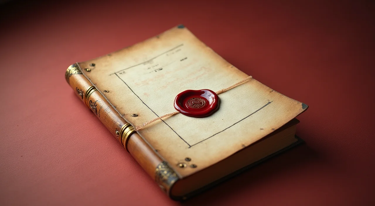 A wax-sealed ledger book on a linen surface under museum spotlight, symbolizing verified enterprise migration evidence