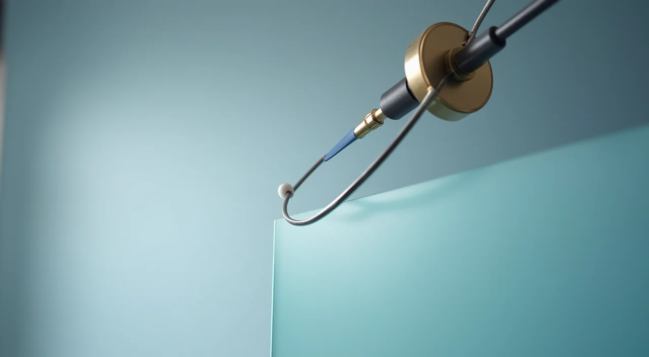 Close-up of a medical stethoscope probe examining a frosted glass surface to symbolize technical diagnosis