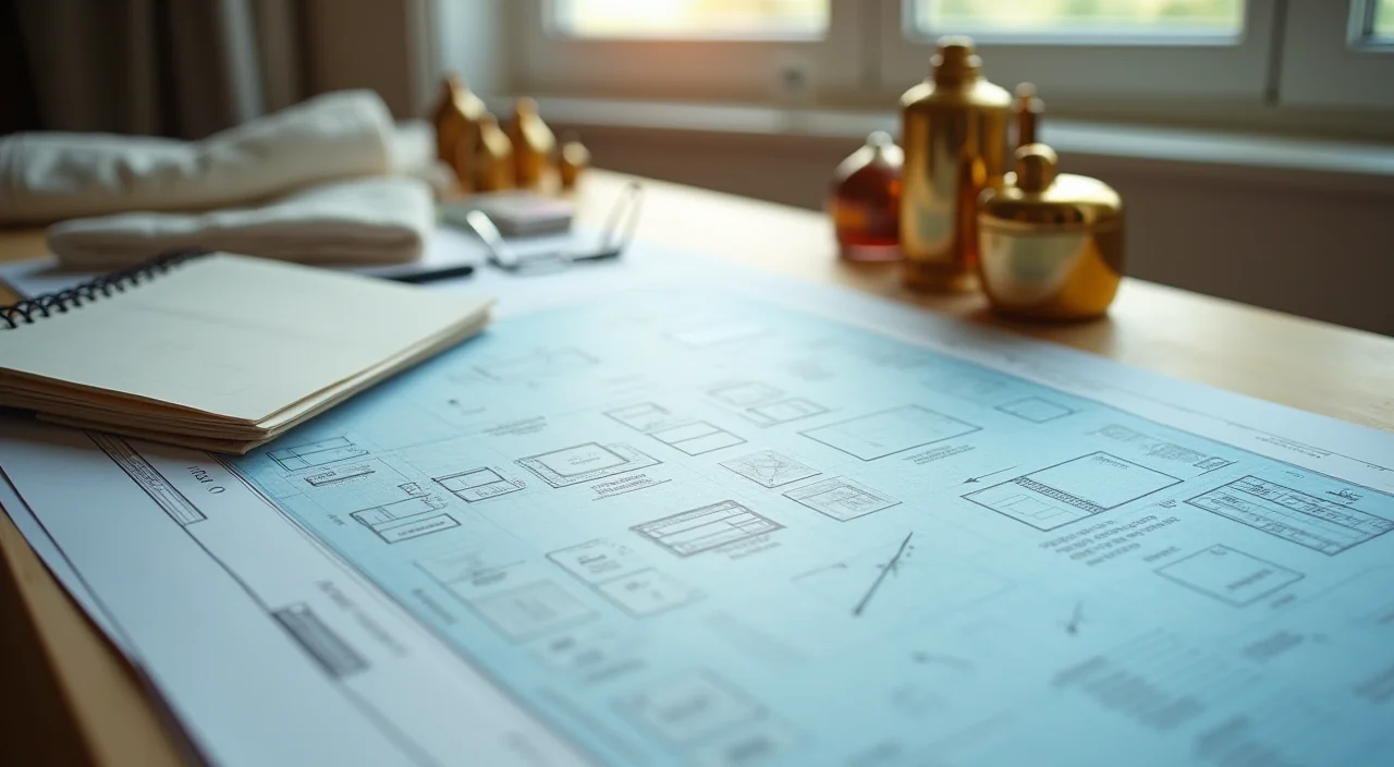 Blueprint table with blank translucent sheets and brass paperweights