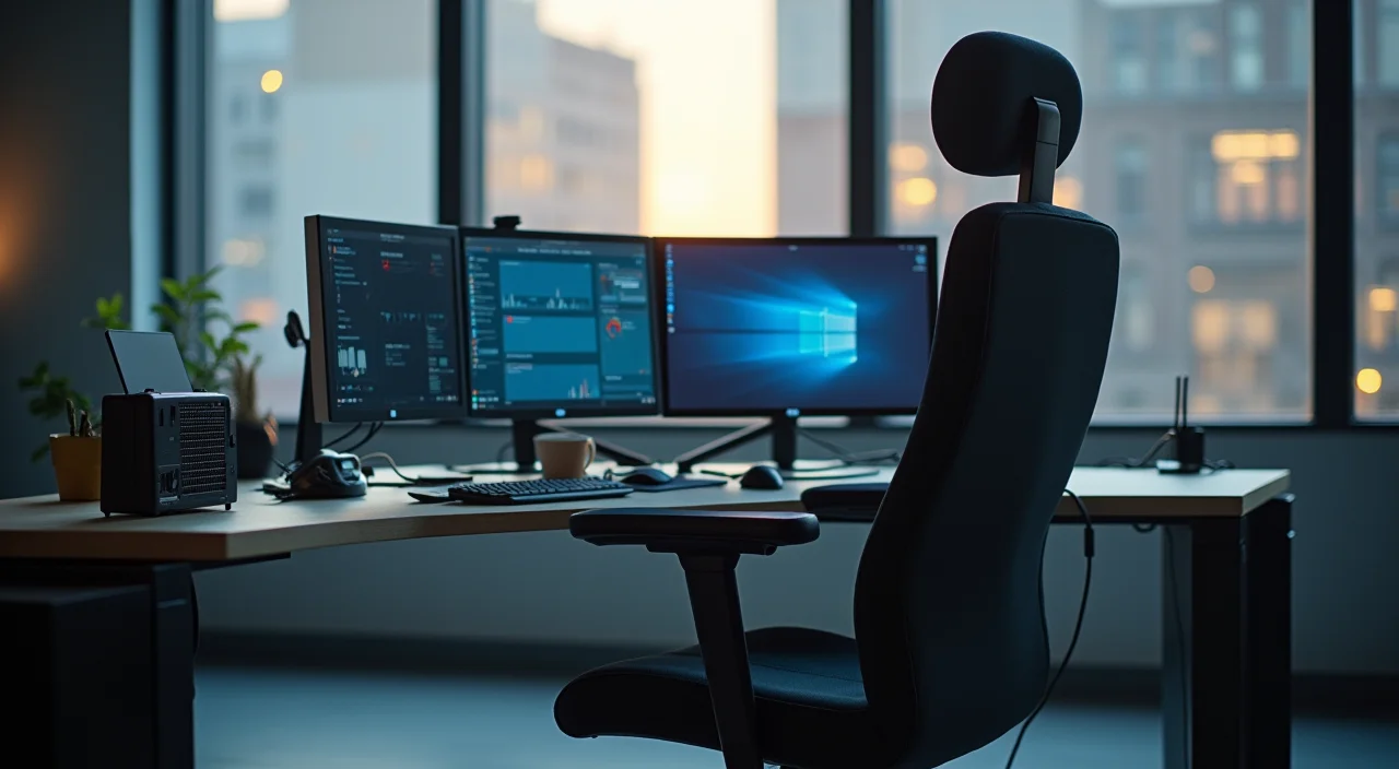 A minimalist editorial still life of a control room workstation featuring blank monitor bezels and technical materials, representing the evaluation of on-premises high availability