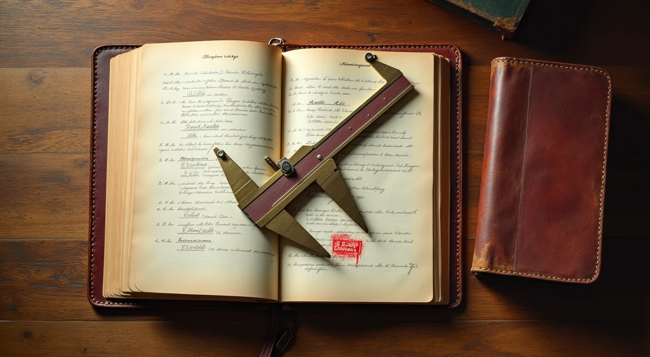 A top-down view of an open enterprise ledger and a brass caliper on a wooden desk, representing a rigorous technical compatibility assessment.