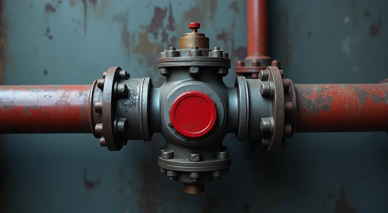 Close-up of a red industrial bypass valve on a metallic pipe, symbolizing controlled risk management during enterprise database migration.
