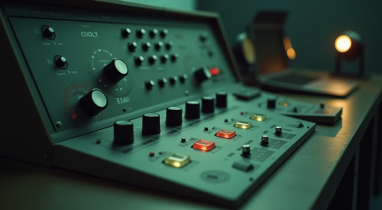 Editorial still life of a control console with unlabeled knobs and frosted glass elements under focused lighting