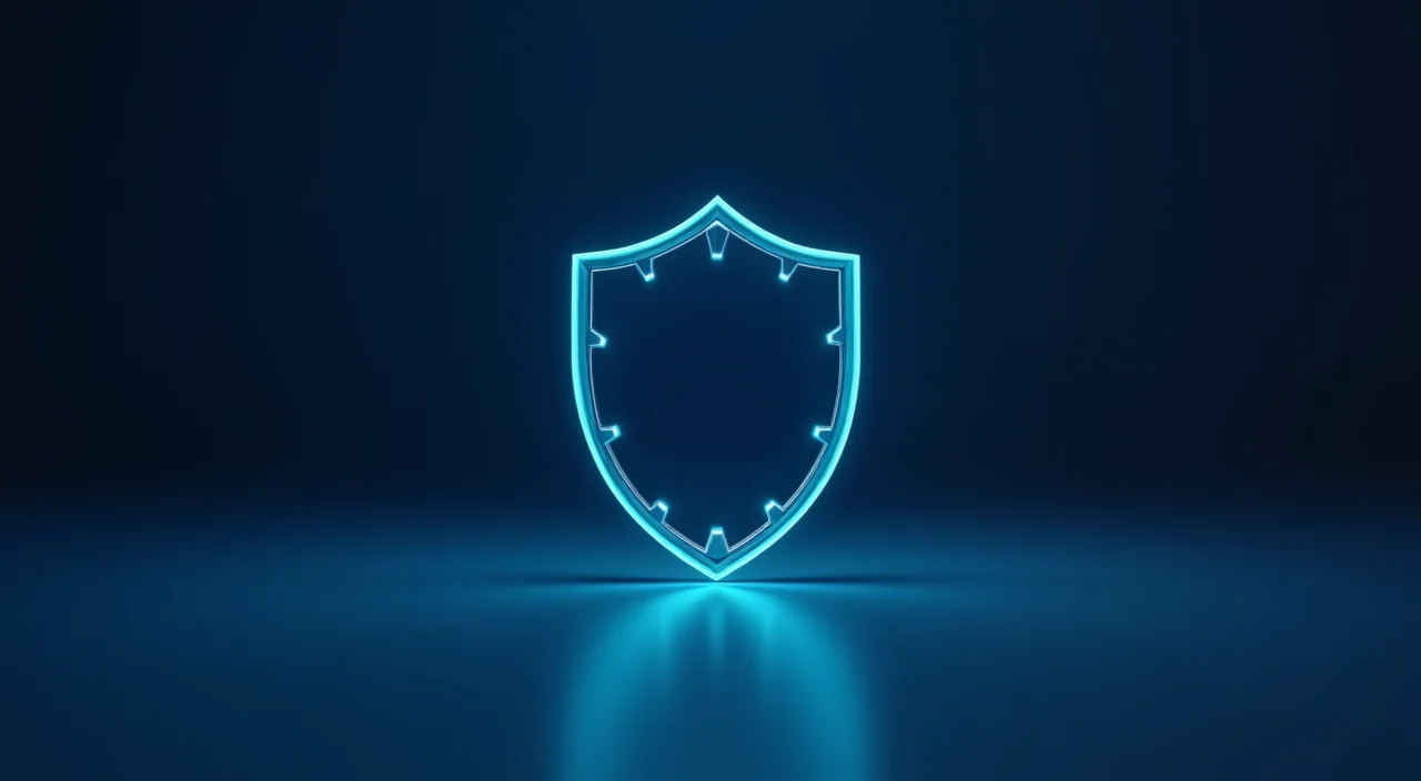 A solitary glass shield with cyan edges on a dark blue background symbolizing secure database migration and data sovereignty.