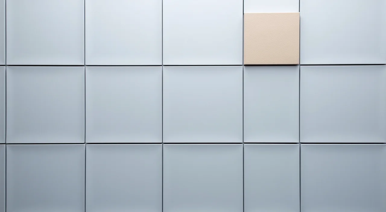 A grid of blank matte tiles with one slightly raised, representing a selection framework for database evaluation