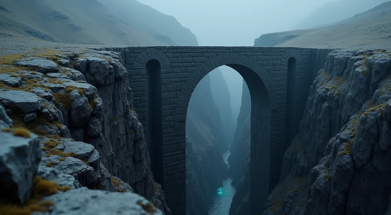 A solitary stone bridge spanning a deep canyon over rugged terrain, symbolizing a high-stakes architectural transition and critical risk assessment.