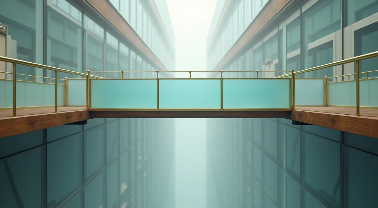 A frosted glass and brass trestle bridge connecting two walnut platforms, symbolizing the controlled risk of migrating between enterprise database architectures.