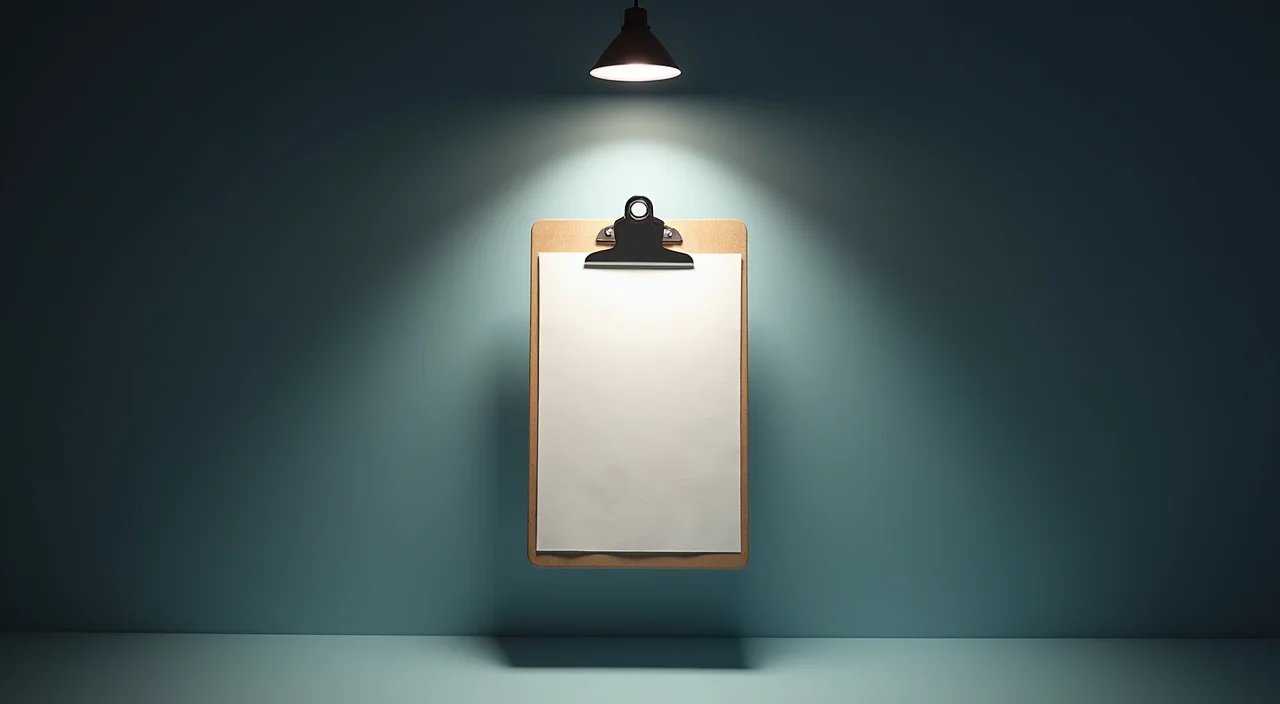 A signed blank approval clipboard on a walnut desk under museum spotlight