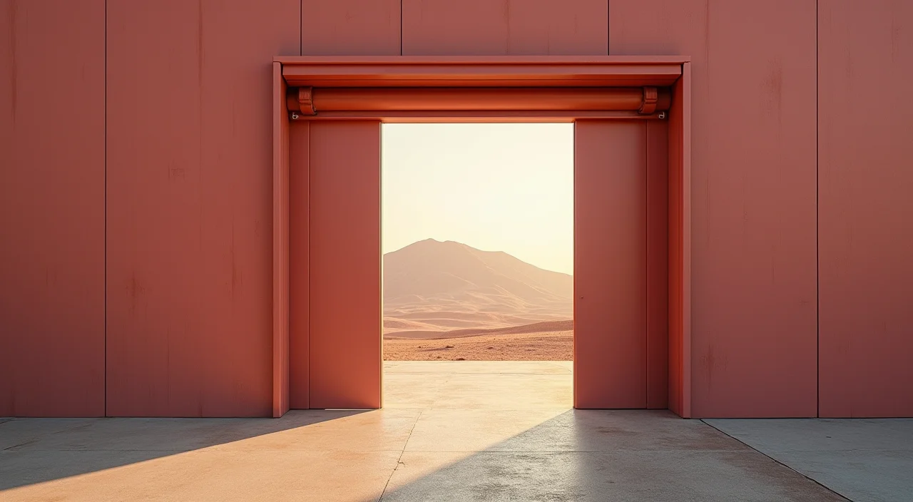 A half-open industrial shutter gate representing the critical rollback phase in secure database migration