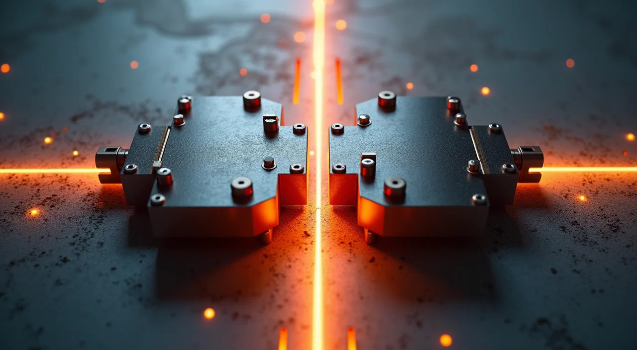 Top-down view of dual industrial metal plates connected by a flowing amber fluid channel representing bidirectional database synchronization.