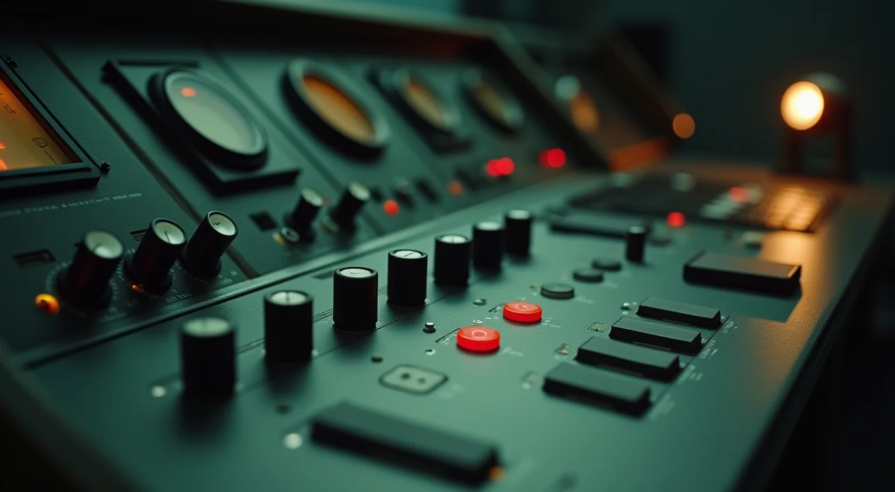 Editorial still life of an industrial control console with unlabeled brass knobs and matte components under focused lighting