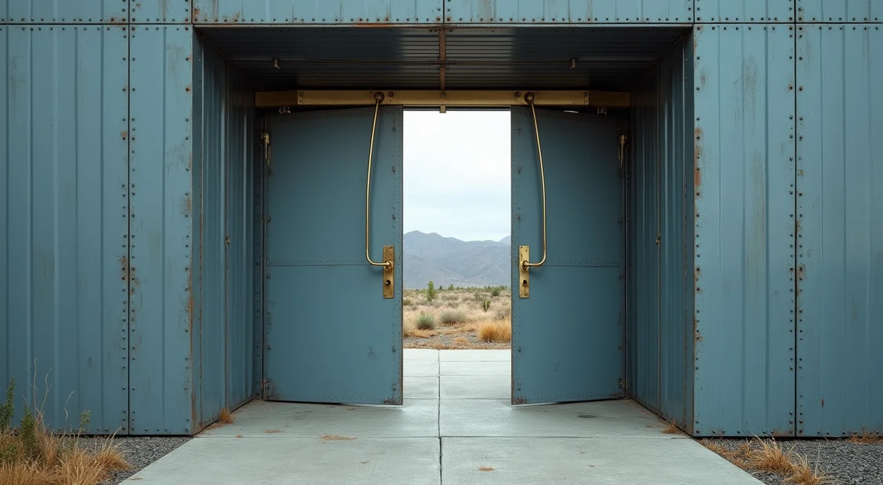 A half-open industrial shutter gate representing the bounded rollback strategy required for a complex database migration.