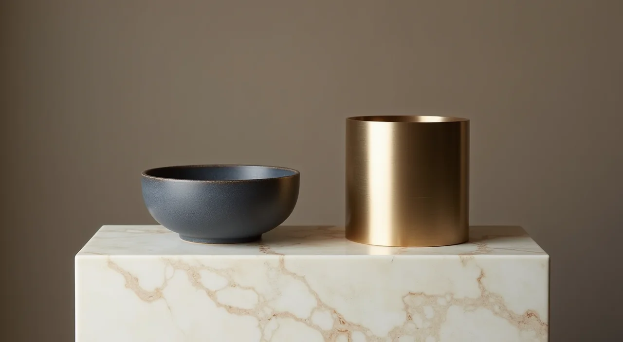 Ceramic bowl and brushed metal cylinder displayed side by side on a marble surface for enterprise technology comparison