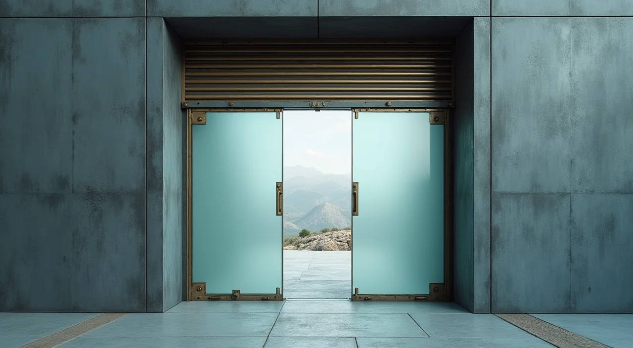 A half-open industrial rollback gate in graphite and brass, symbolizing controlled risk management during database migration.