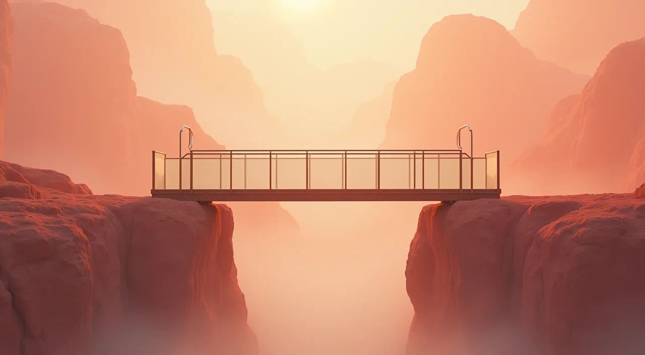 A frosted glass and walnut trestle bridge spanning a gap, symbolizing secure data migration between platforms