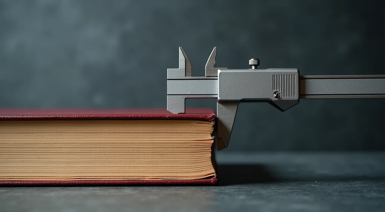A metallic caliper measuring a stack of leather-bound ledgers, symbolizing the precise validation of total cost of ownership and technical compatibility in database migration.