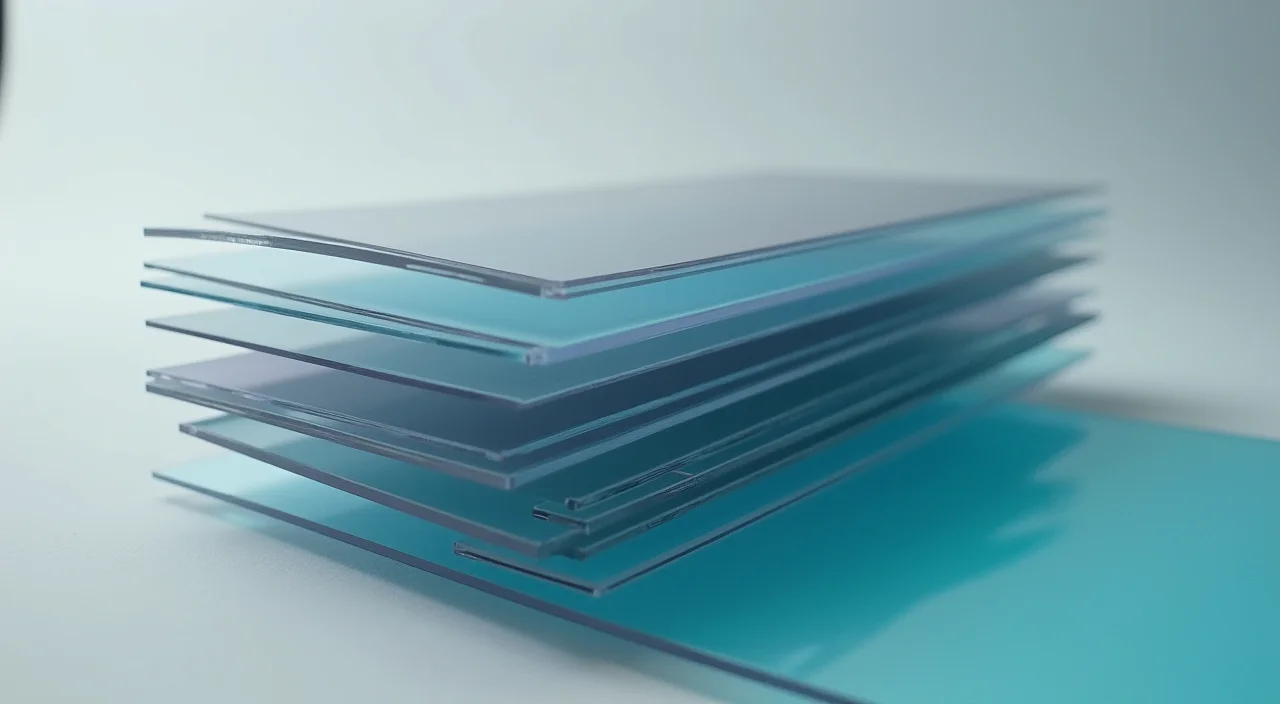 Stacked transparent acetate sheets on a linen surface representing layered database intelligence architecture