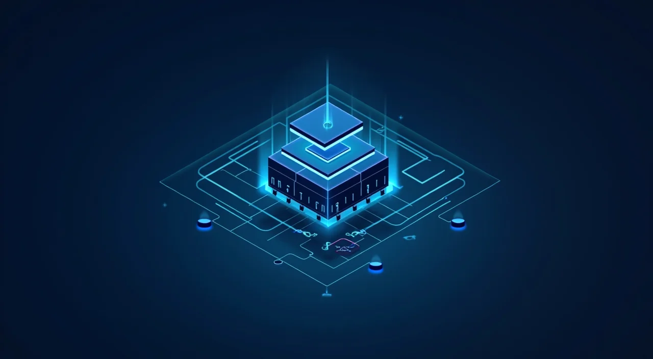 Minimalist architectural illustration of a distributed server cluster connecting individual nodes via thin cyan lines on a dark blue background, representing shared-nothing databas