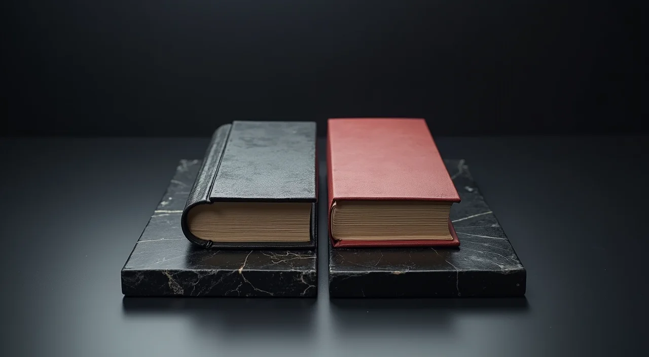 A split ledger book symbolizing the choice between legacy Western database infrastructure and sovereign domestic alternatives for high availability systems.