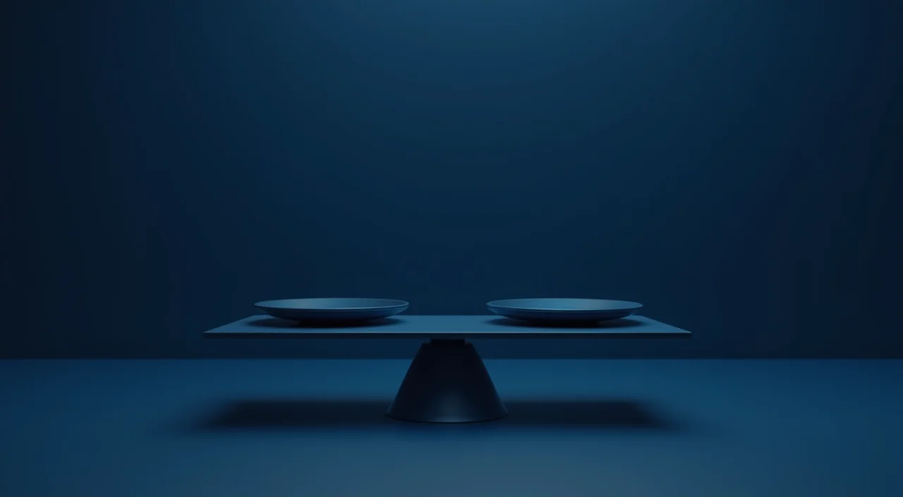 A minimalist balance scale representing risk-bounded enterprise database migration and data integrity on a dark blue background.
