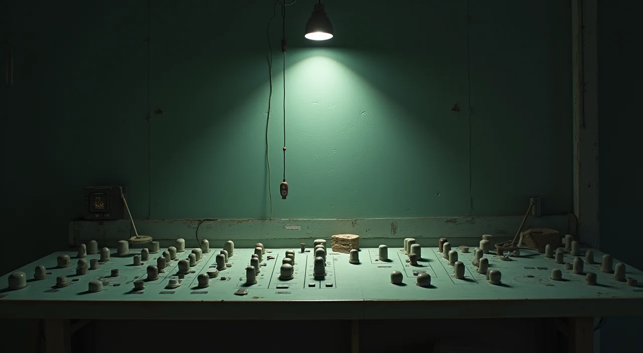 A minimalist control console with unlabeled dials and a focused task light, representing the separation of transactional integrity from vector retrieval in enterprise AI architectu