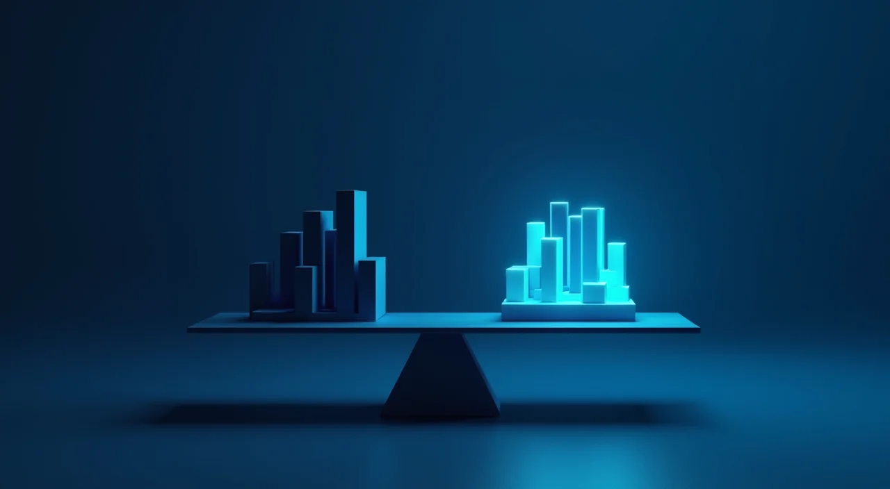 A minimalist editorial illustration of a balanced architectural scale featuring dark blue and cyan geometric forms, symbolizing the trade-off between legacy complexity and streamli
