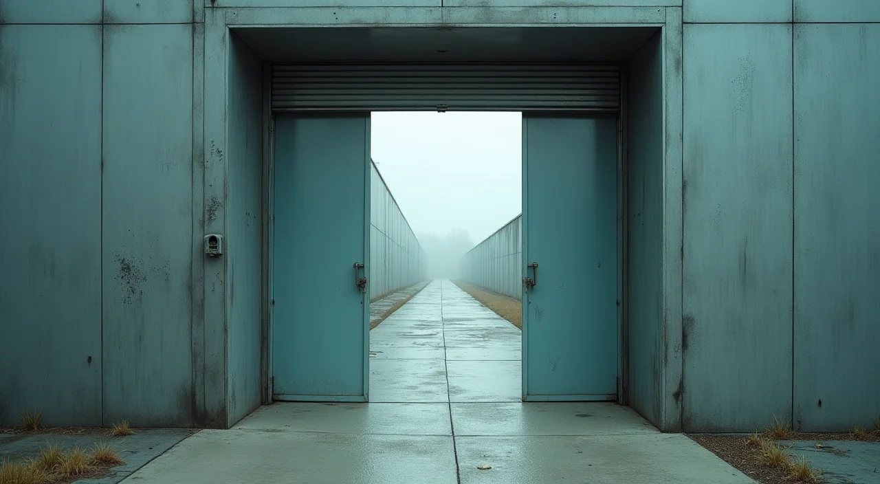 Half-open industrial shutter representing controlled migration risk and rollback capability