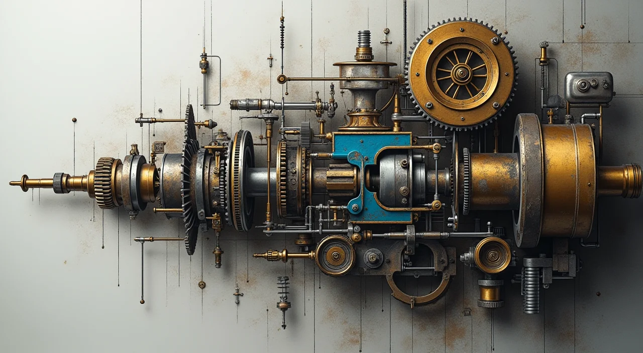 Precision mechanical parts suspended in ordered spacing above a linen surface, representing the breakdown of complex database cluster architecture.