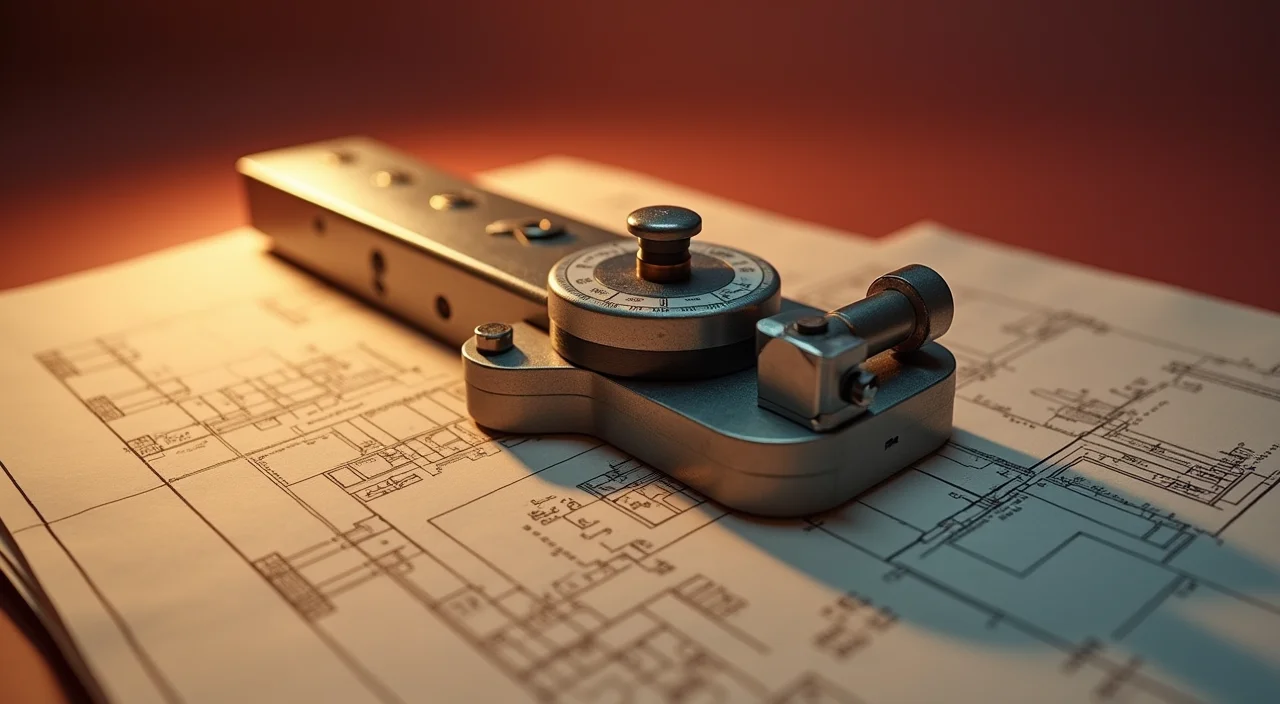 A close-up of a precision industrial calibration tool resting on architectural blueprints under warm lighting, symbolizing rigorous enterprise validation.