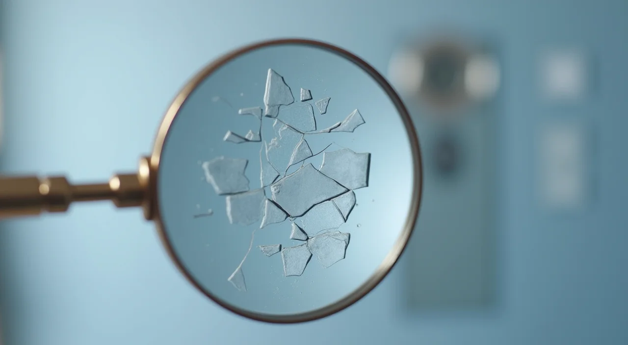 Close-up of a magnifying glass examining a fine crack in a clear acrylic panel, symbolizing the detailed diagnostic audit of enterprise software licensing risks.