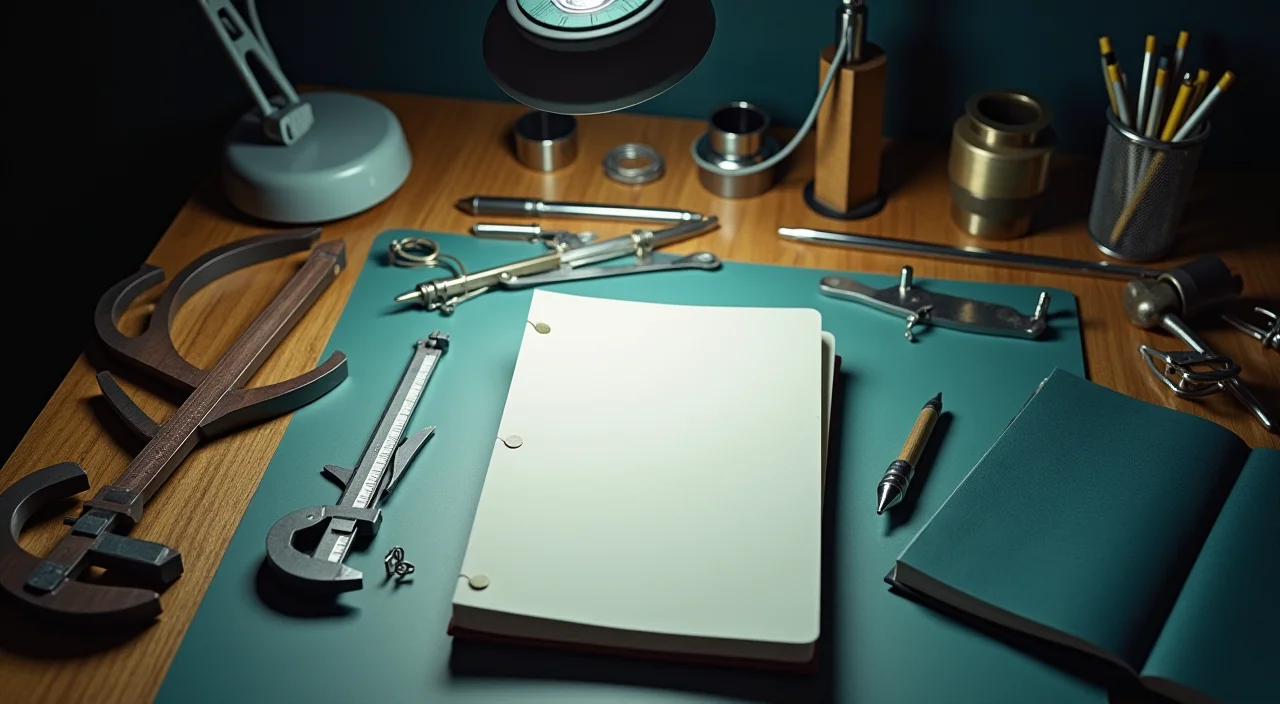 A precise architectural workspace featuring calipers and notebooks on a walnut surface, representing the evaluation of unified data architecture solutions.