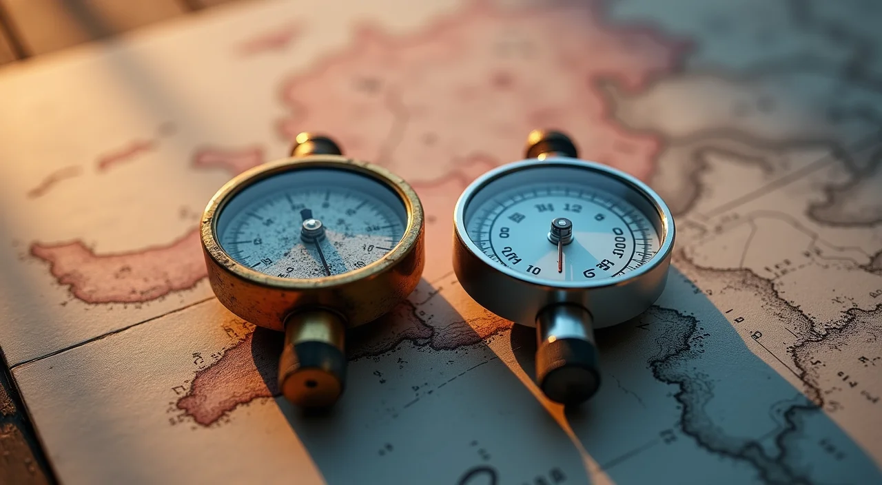 Two contrasting industrial calibration gauges on a textured surface representing the choice between legacy volatility and modern sovereign data control.