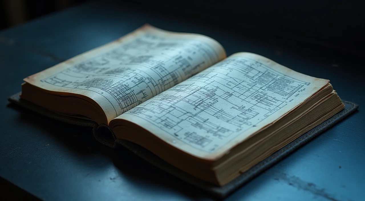 A detailed steel ledger book with technical schematics, representing a compatibility gap analysis for enterprise database migration.