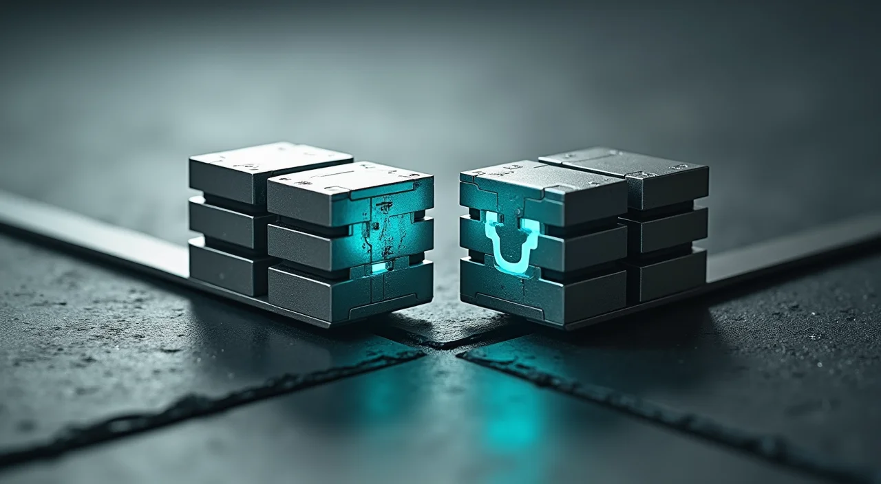 A precision caliper measuring the gap between two metallic blocks, symbolizing the evaluation of migration friction and feature parity between Oracle and alternative commercial dat