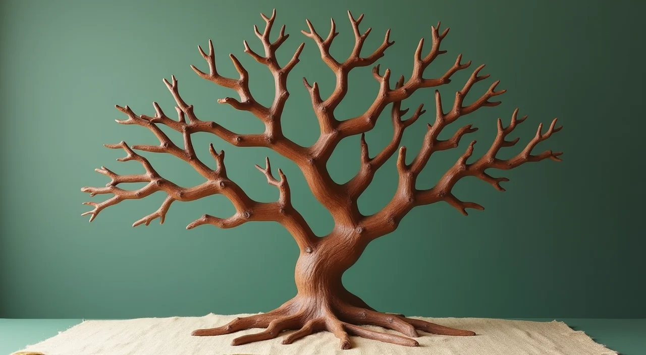 A diagnostic framework visualized through a branching wooden fault-tree model on a walnut surface, representing the structured analysis of Oracle cost drivers.