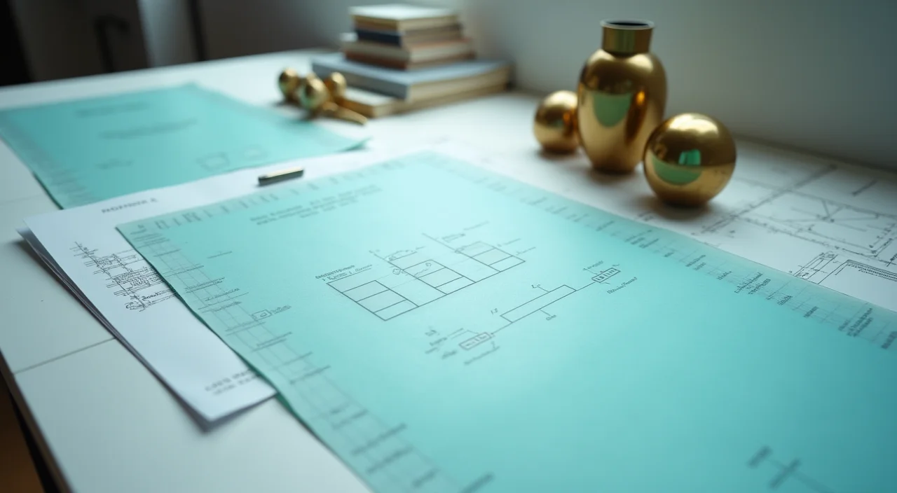 Blueprint table with translucent sheets and brass paperweights representing a structured migration framework