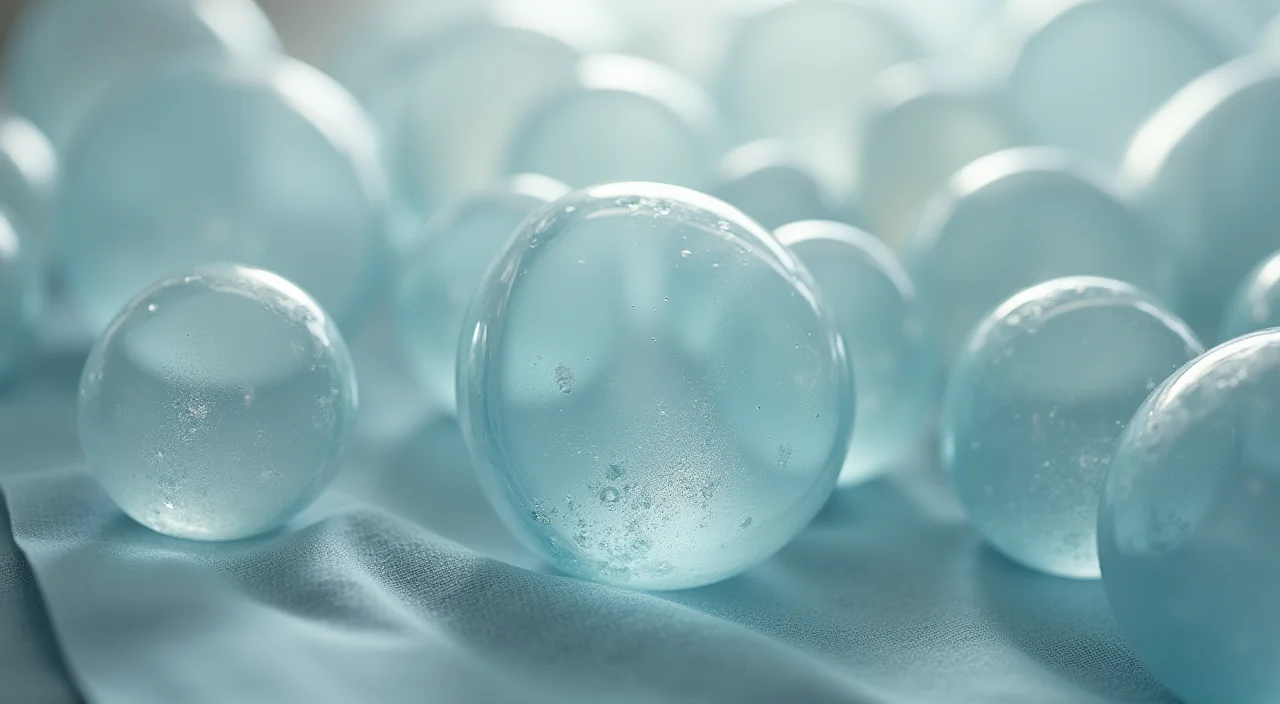 Nested transparent glass shells surrounding a solid ceramic core on a linen surface