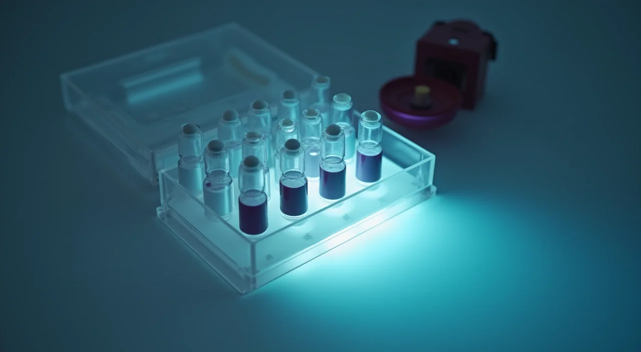 Close-up of an open diagnostic kit containing blank vials and a flashlight on a linen surface under focused lighting