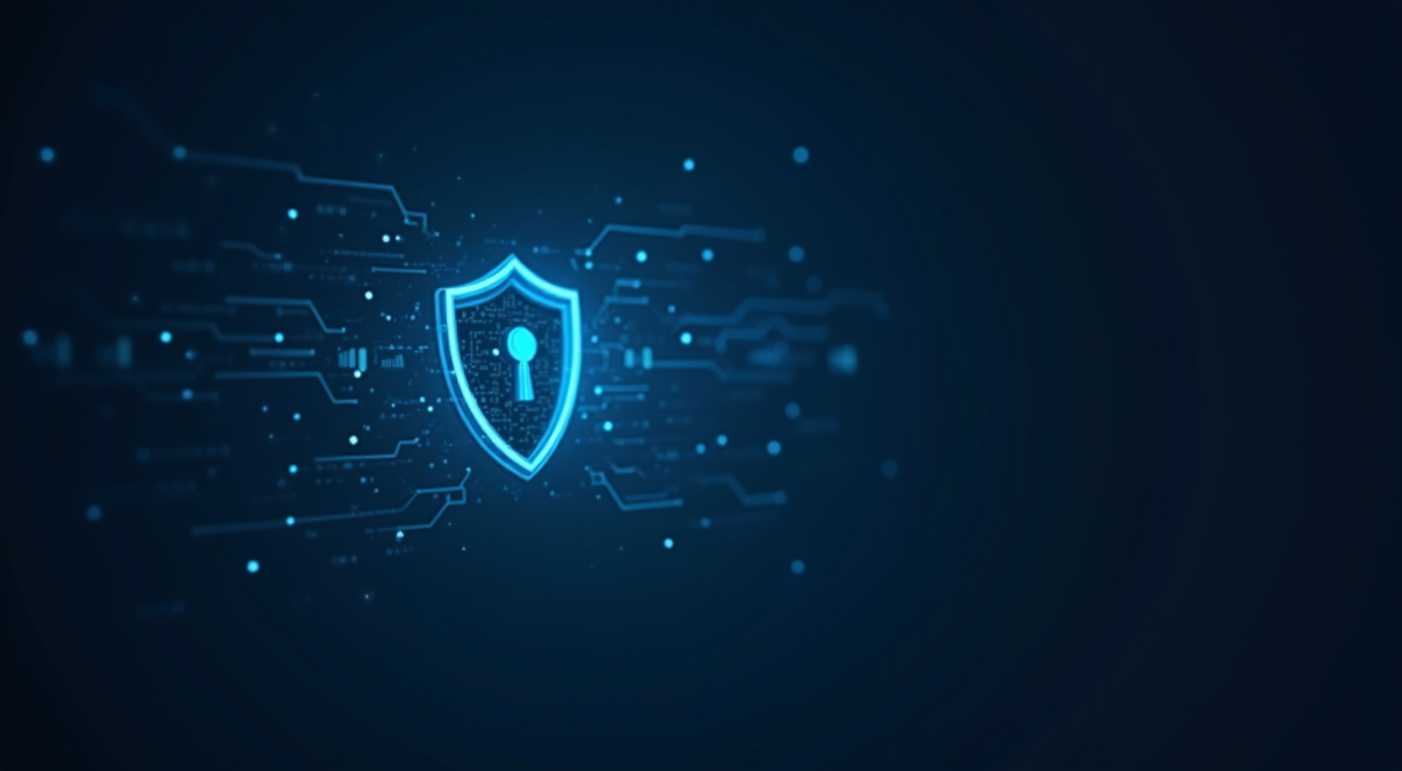 Abstract digital shield icon in dark blue and cyan representing enterprise database risk control and security.