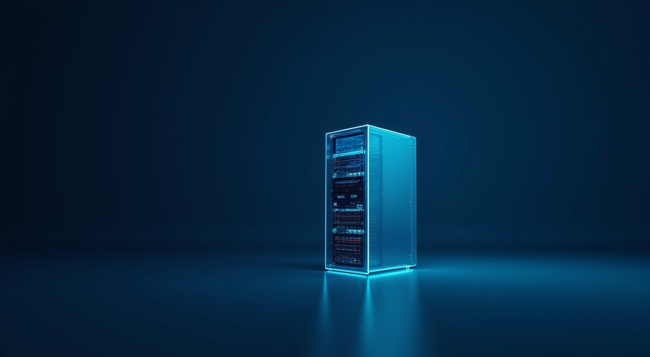 A minimalist dark blue and cyan illustration of a glowing enterprise server rack representing a commercial database alternative for PL/SQL migration.