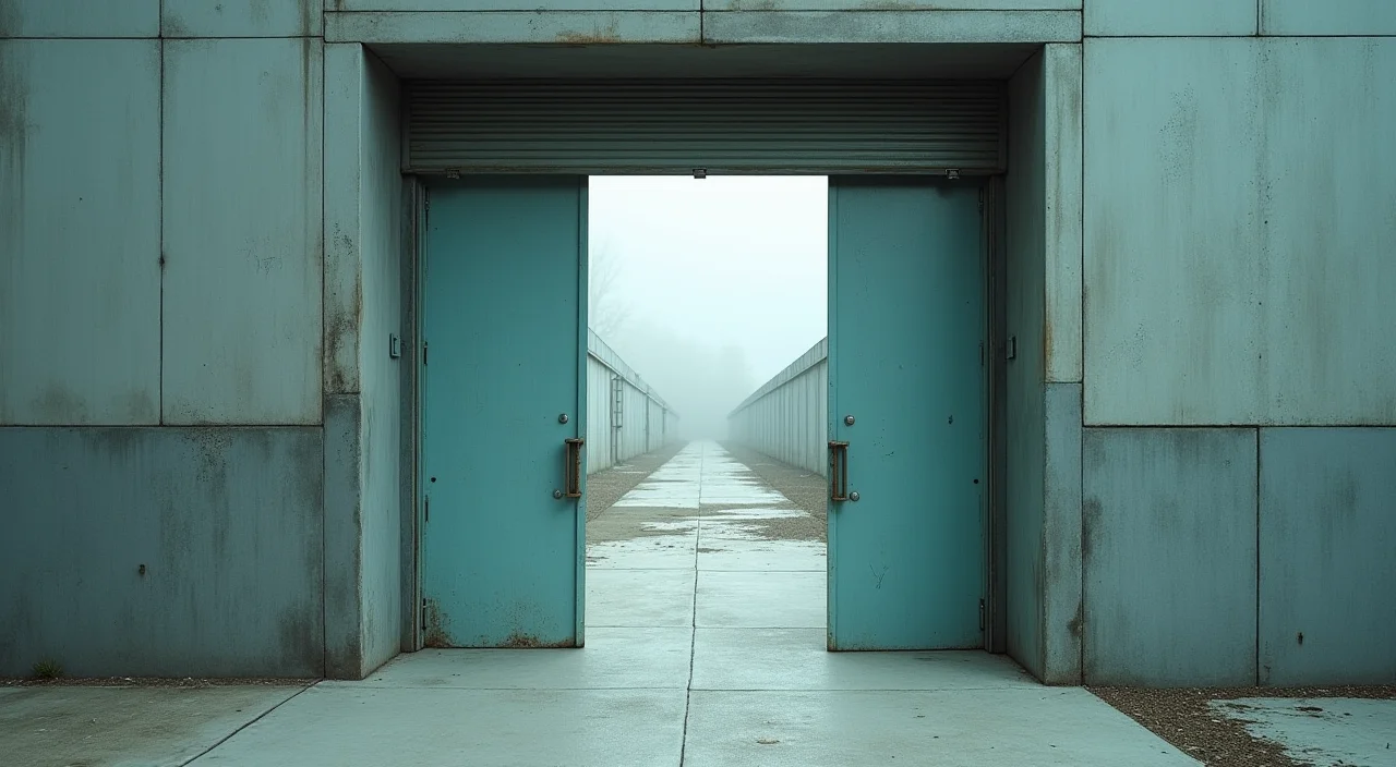 A half-open industrial sliding shutter on a matte surface, symbolizing the controlled risk and rollback capability in enterprise database migration.